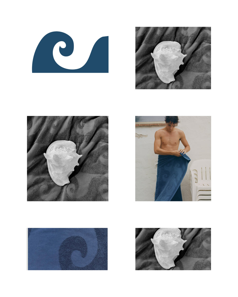 “Laguna Towel in Deep Blue by Laze Res x Journal 1992, showcasing unique embossed print on 100% Turkish cotton”